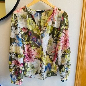 White House Black Market Blouse Floral Sheer Ruffle Boho Fairycore
